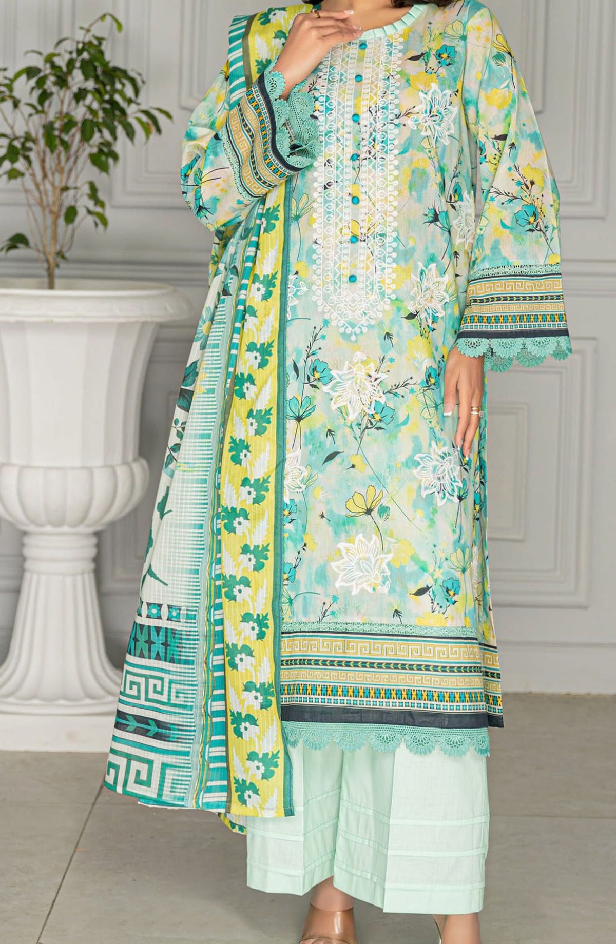 Aks Embroidered Lawn Unstitched 3 Piece Suit - Design-07 - AK25AKS - Green - Summer Collection