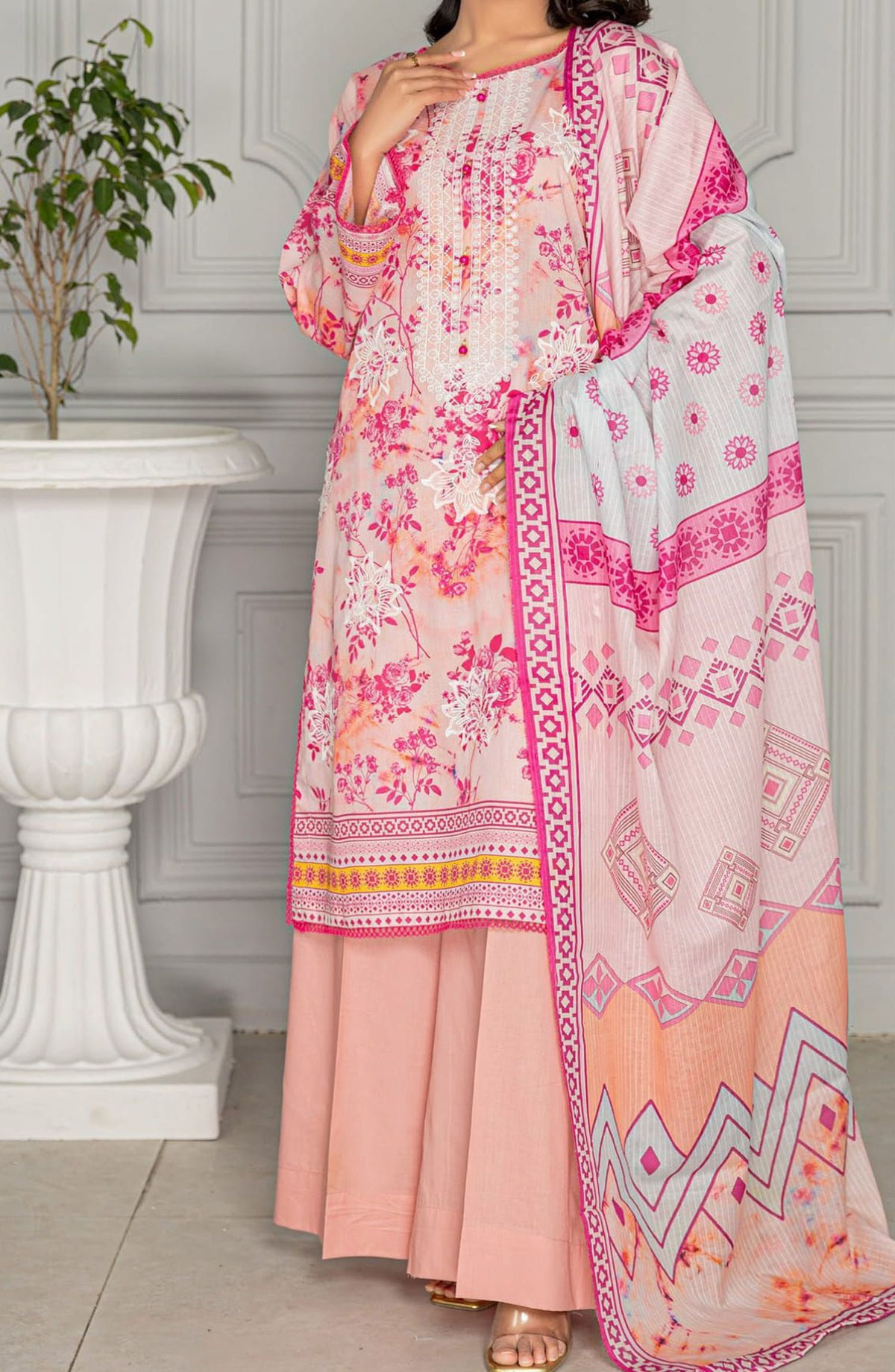 Aks Embroidered Lawn Unstitched 3 Piece Suit - Design-06 - AK25AKS - Pink - Summer Collection