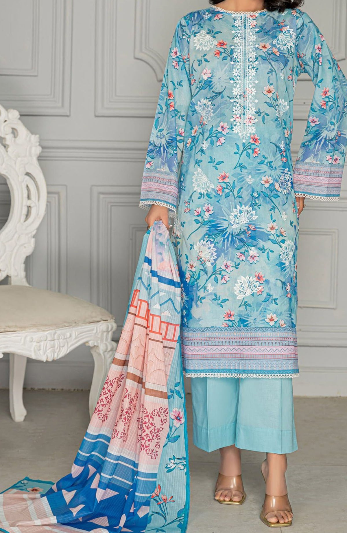 Aks Embroidered Lawn Unstitched 3 Piece Suit - Design-05 - AK25AKS - Blue - Summer Collection