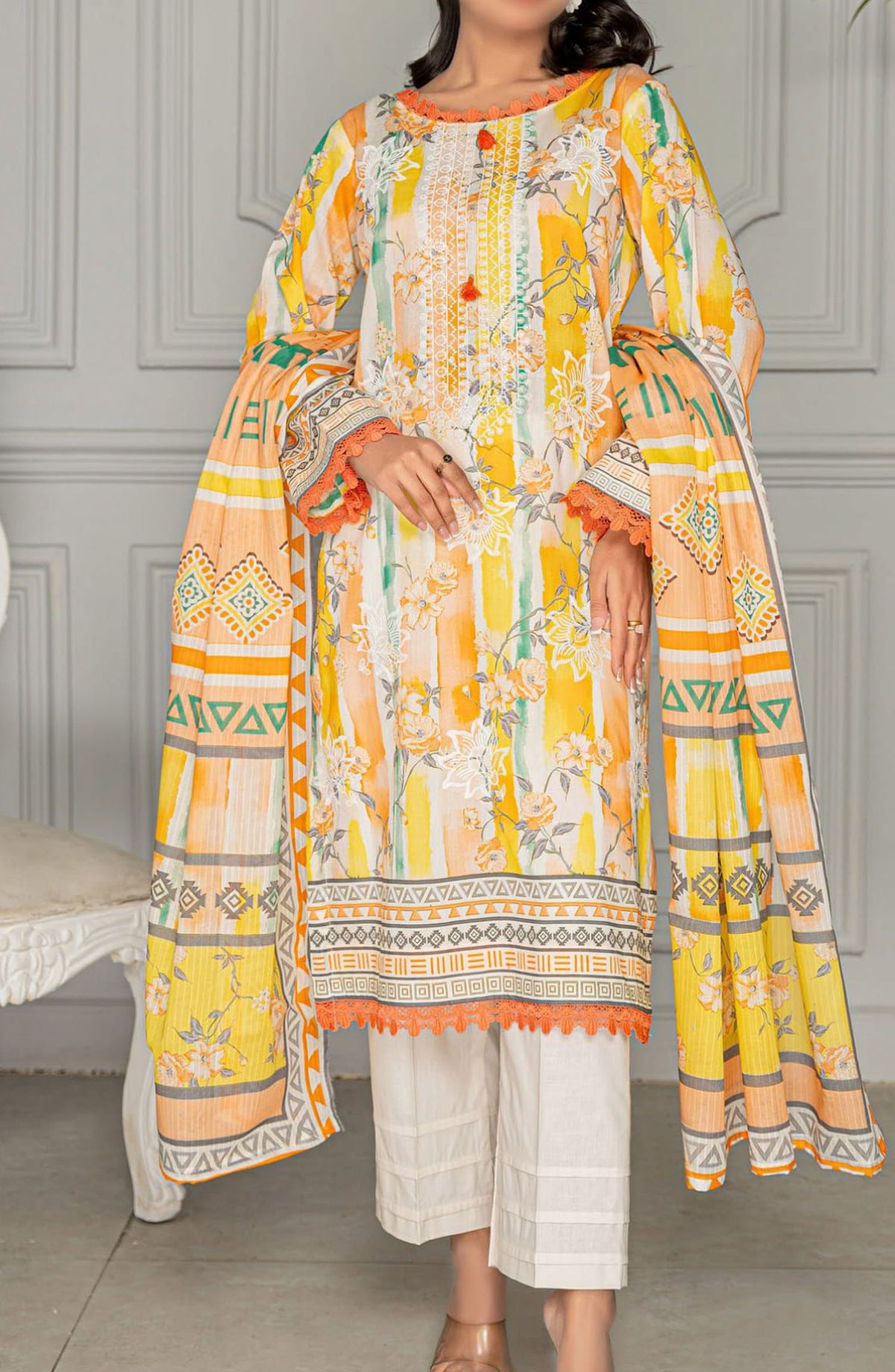 Aks Embroidered Lawn Unstitched 3 Piece Suit - Design-04 - AK25AKS - Yellow - Summer Collection
