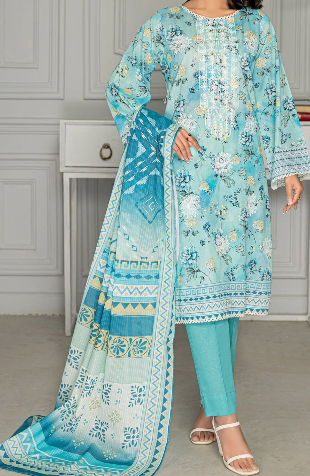 Aks Embroidered Lawn Unstitched 3 Piece Suit - Design-02 - AK25AKS - Blue - Summer Collection