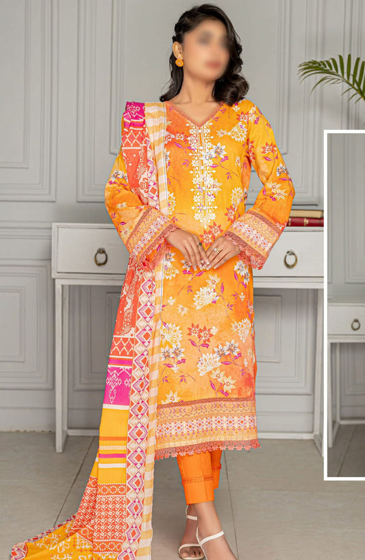 Aks Embroidered Lawn Unstitched 3 Piece Suit - Design-01 - AK25AKS - Orange - Summer Collection