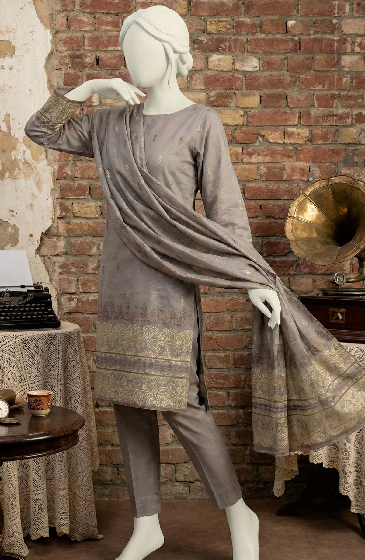 Al Karim Baroshia Lawn Unstitched 3 Piece Suit - D-06 - AK26BARS - Grey - Summer Collection
