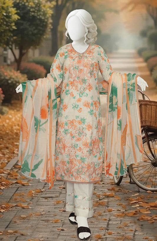 Al Karim Printed & Embroidered Lawn Slub Unstitched 3 Piece Suit - D-10 - AK26PEB - Orange - Summer Collection