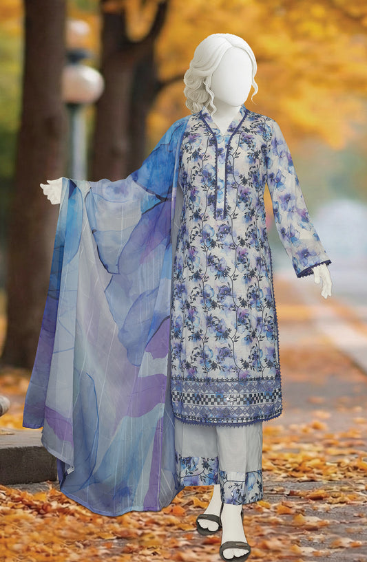 Al Karim Printed & Embroidered Lawn Slub Unstitched 3 Piece Suit - D-01 - AK26PEB - Blue - Summer Collection