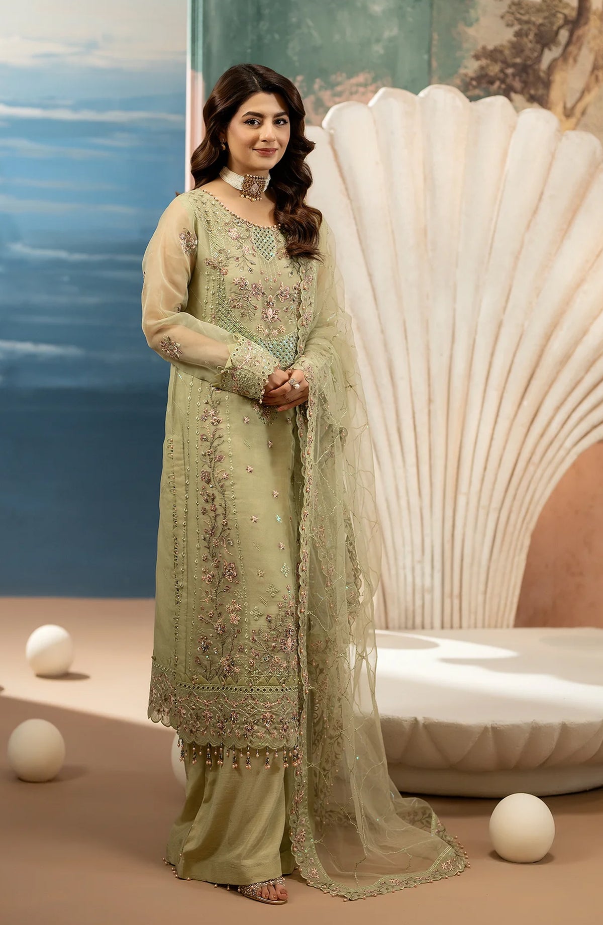 Al Karim Kimora Embroidered Organza Unstitched 3 Piece Suit - HU-61 - AK26KM - Green - Festive Collection