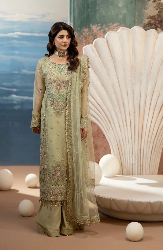 Al Karim Kimora Embroidered Organza Unstitched 3 Piece Suit - HU-61 - AK26KM - Green - Festive Collection