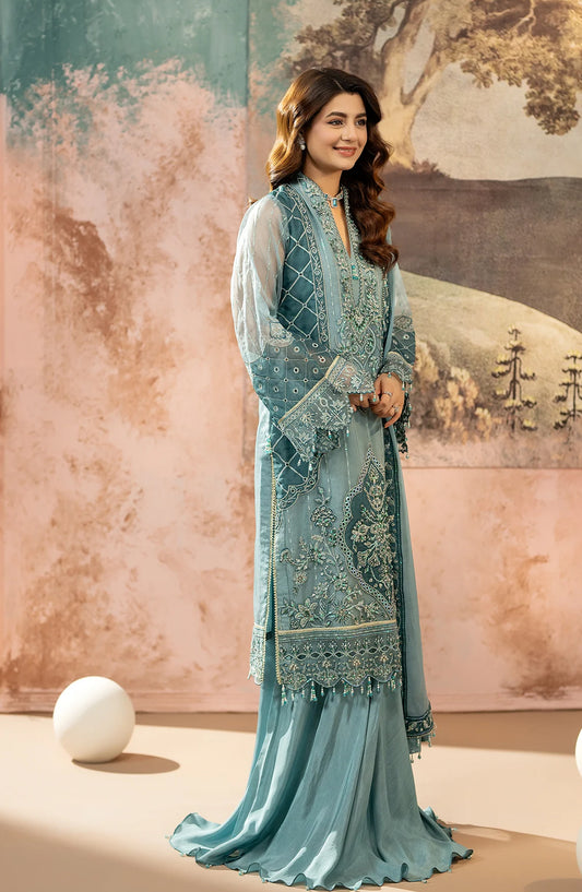 Al Karim Kimora Embroidered Organza Unstitched 3 Piece Suit - HU-63 - AK26KM - Blue - Festive Collection