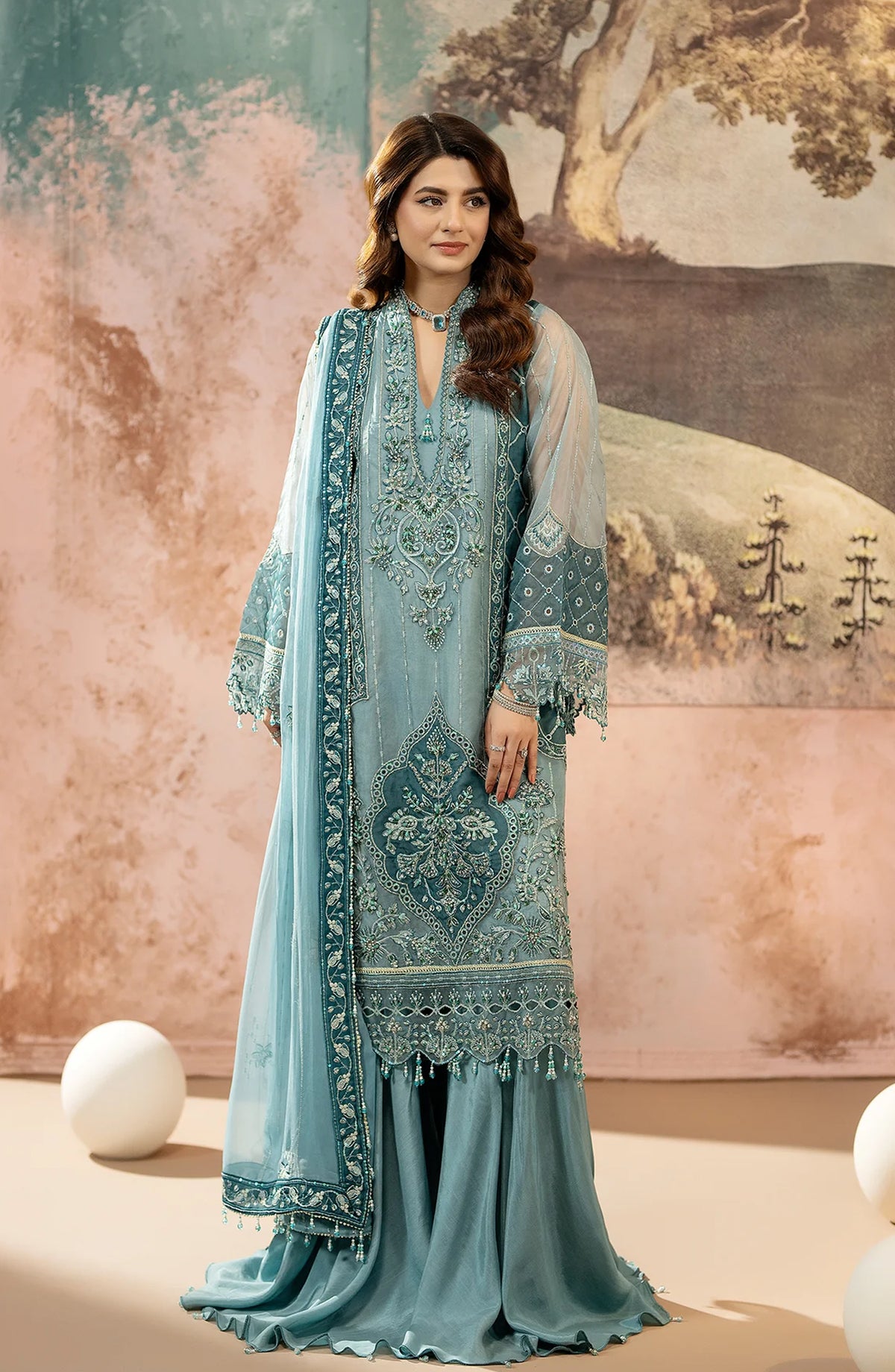 Al Karim Kimora Embroidered Organza Unstitched 3 Piece Suit - HU-63 - AK26KM - Blue - Festive Collection