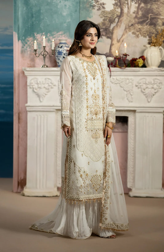 Al Karim Kimora Embroidered Organza Unstitched 3 Piece Suit - HU-64 - AK26KM - White - Festive Collection