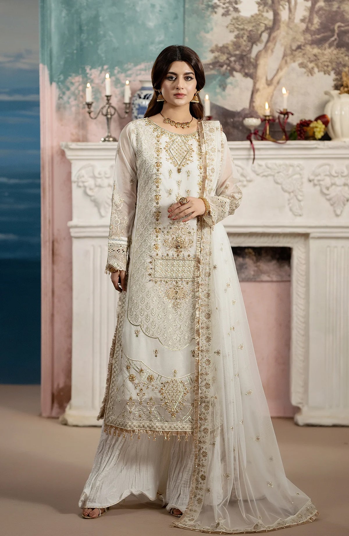 Al Karim Kimora Embroidered Organza Unstitched 3 Piece Suit - HU-64 - AK26KM - White - Festive Collection
