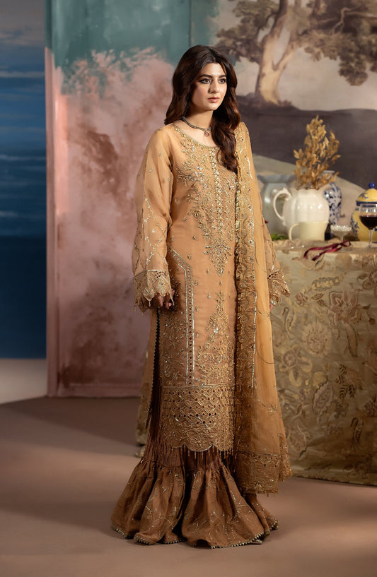 Al Karim Kimora Embroidered Organza Unstitched 3 Piece Suit - HU-65 - AK26KM - Orange - Festive Collection