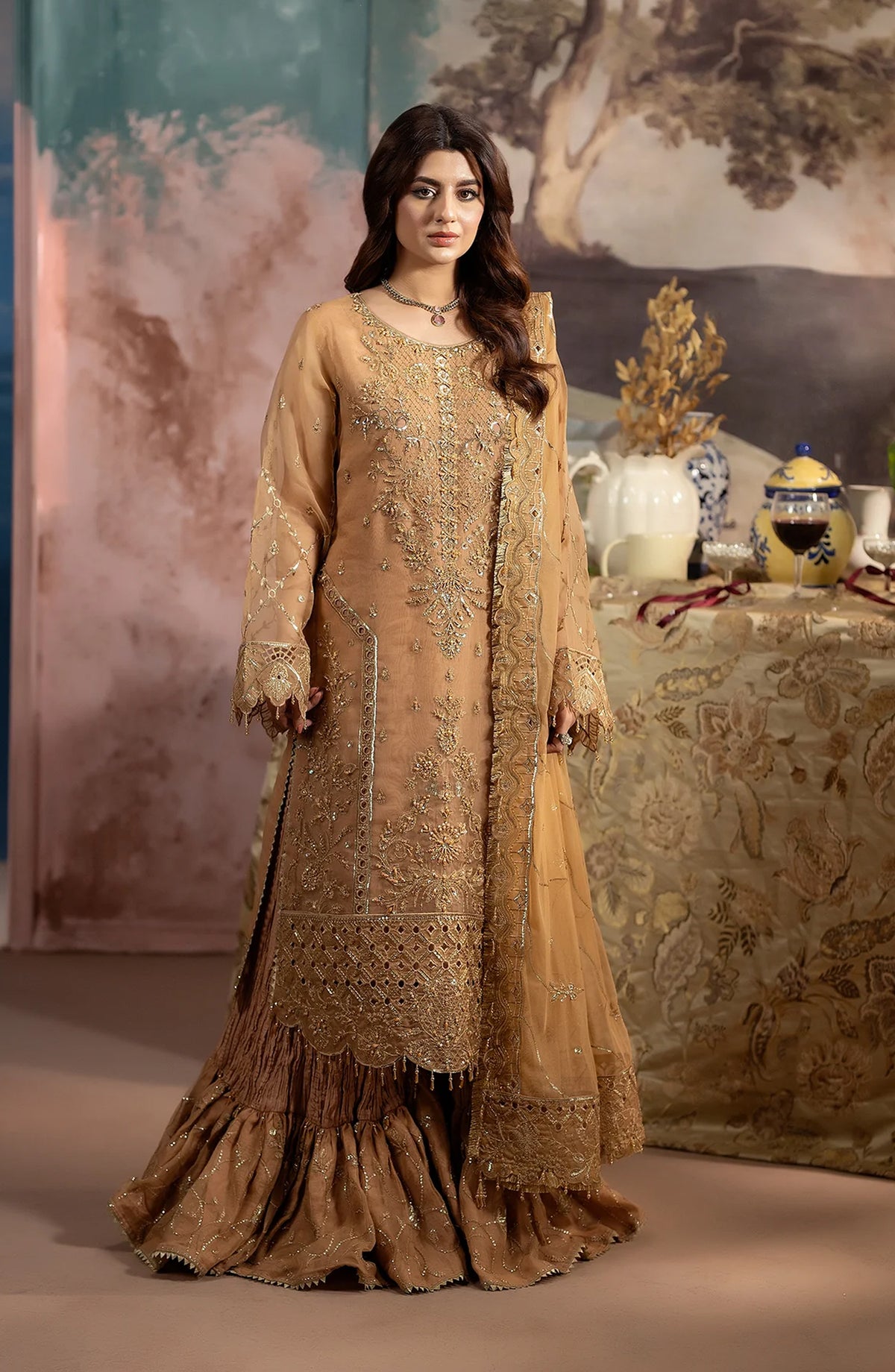 Al Karim Kimora Embroidered Organza Unstitched 3 Piece Suit - HU-65 - AK26KM - Orange - Festive Collection