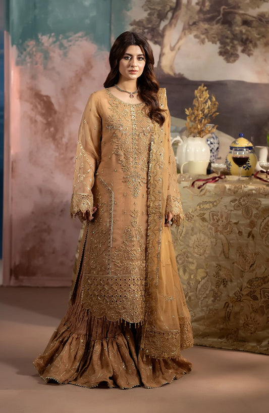 Al Karim Kimora Embroidered Organza Unstitched 3 Piece Suit - HU-65 - AK26KM - Orange - Festive Collection