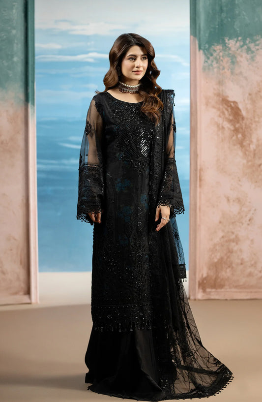 Al Karim Kimora Embroidered Organza Unstitched 3 Piece Suit - HU-66 - AK26KM - Black - Festive Collection