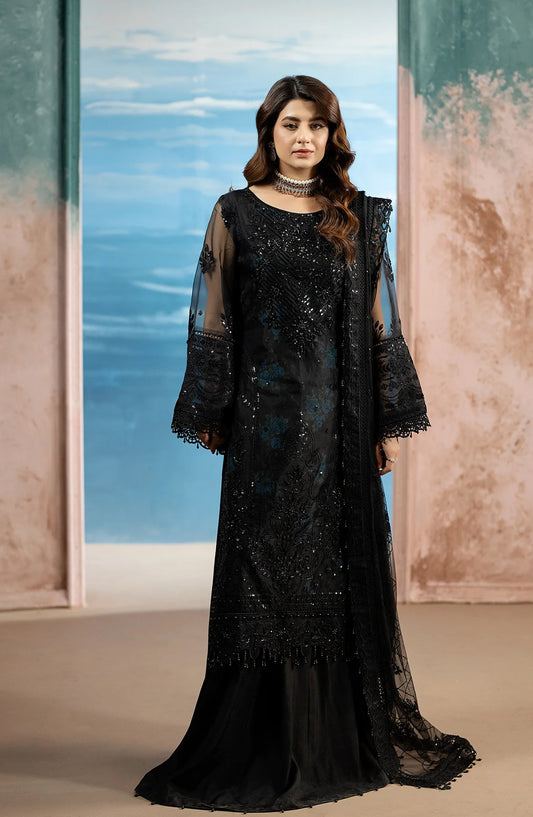 Al Karim Kimora Embroidered Organza Unstitched 3 Piece Suit - HU-66 - AK26KM - Black - Festive Collection