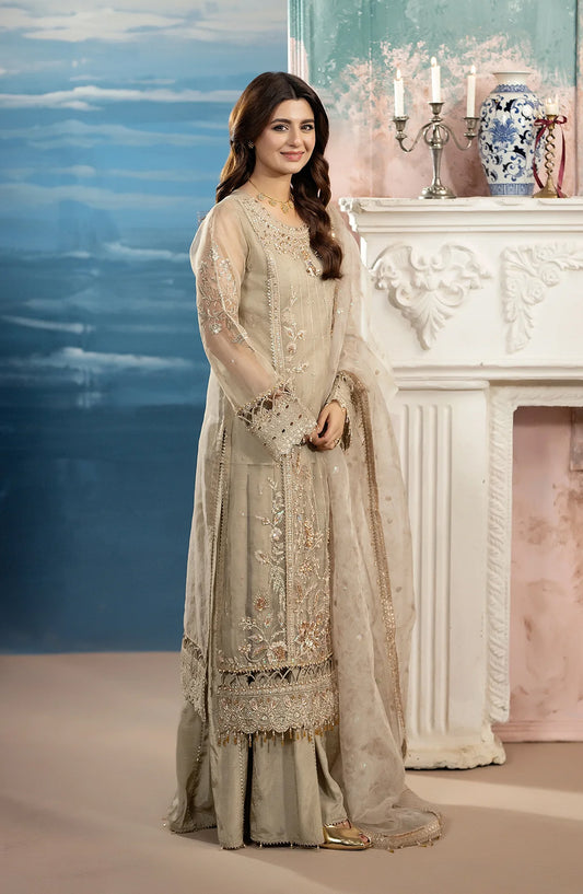 Al Karim Kimora Embroidered Organza Unstitched 3 Piece Suit - HU-69 - AK26KM - Beige - Festive Collection