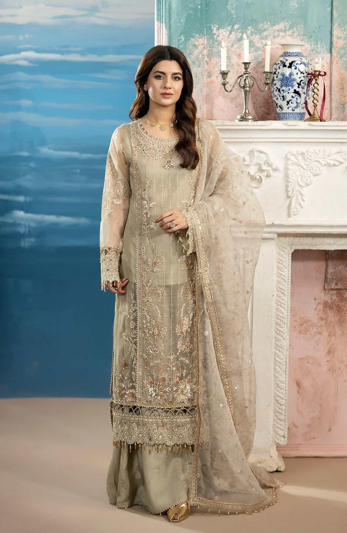 Al Karim Kimora Embroidered Organza Unstitched 3 Piece Suit - HU-69 - AK26KM - Beige - Festive Collection