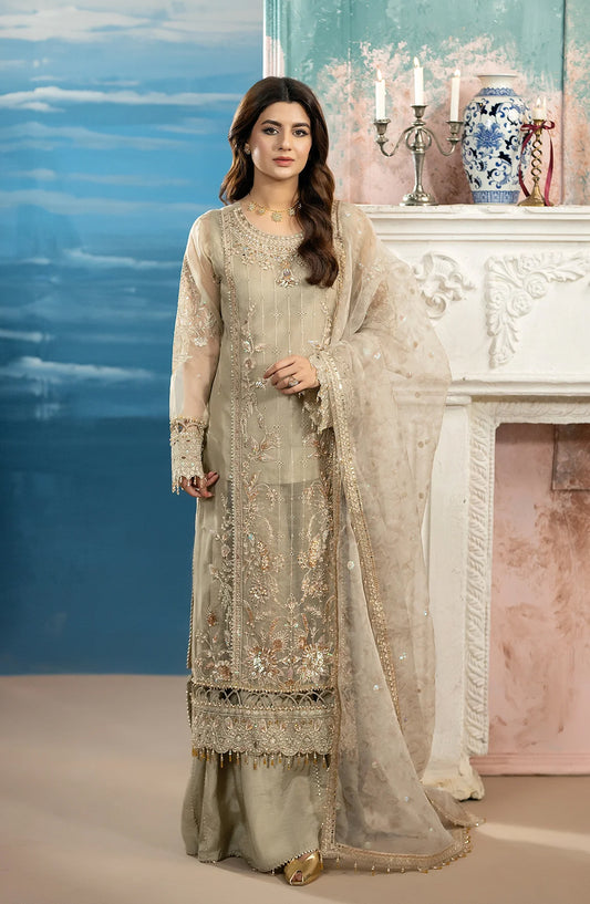 Al Karim Kimora Embroidered Organza Unstitched 3 Piece Suit - HU-69 - AK26KM - Beige - Festive Collection