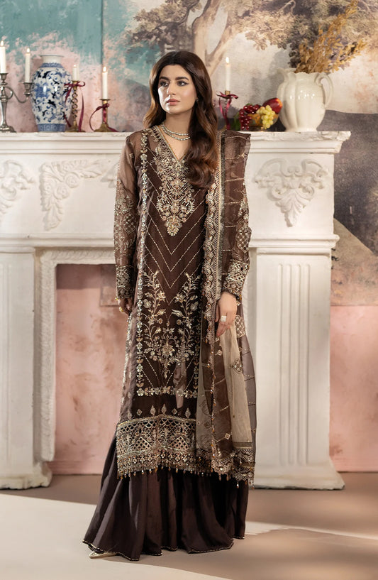Al Karim Kimora Embroidered Organza Unstitched 3 Piece Suit - HU-70 - AK26KM - Brown - Festive Collection