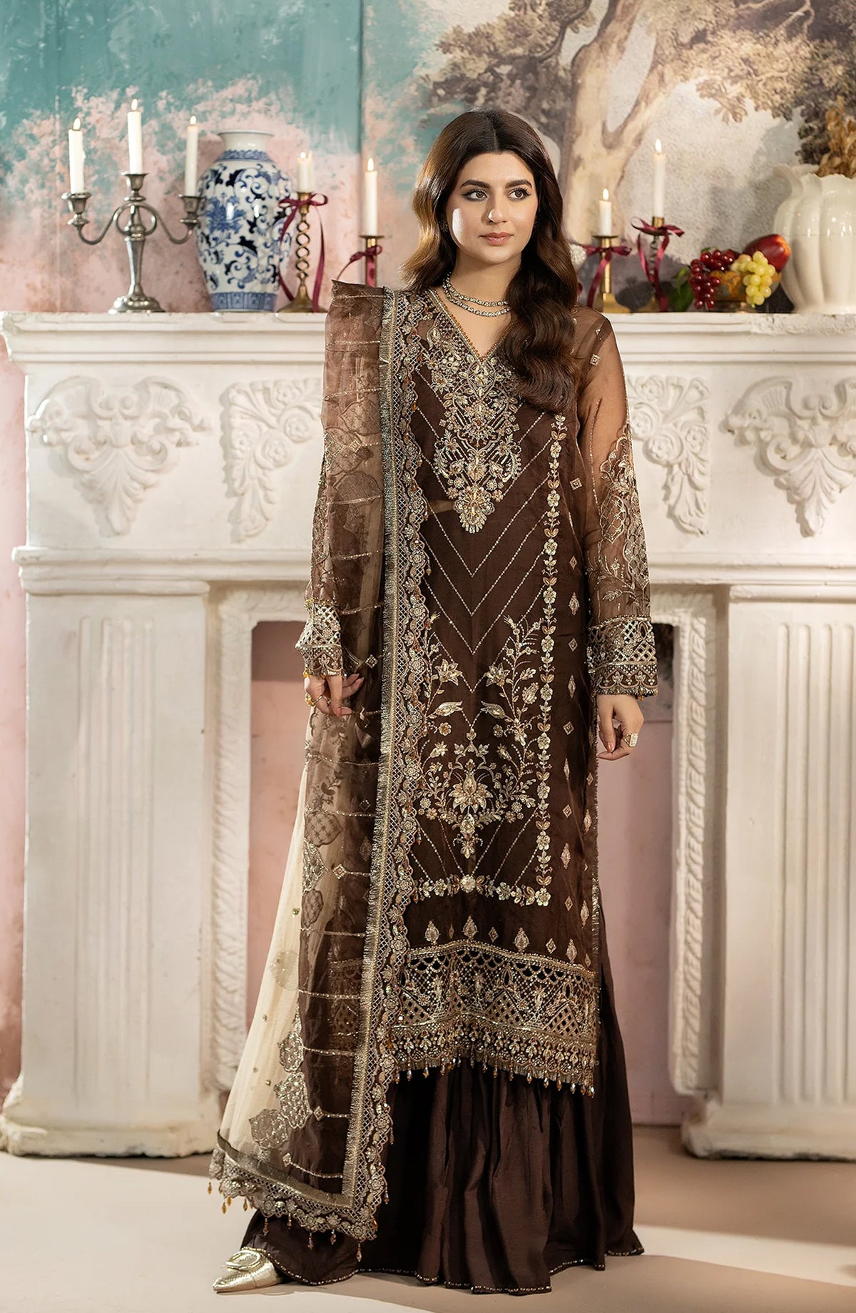 Al Karim Kimora Embroidered Organza Unstitched 3 Piece Suit - HU-70 - AK26KM - Brown - Festive Collection