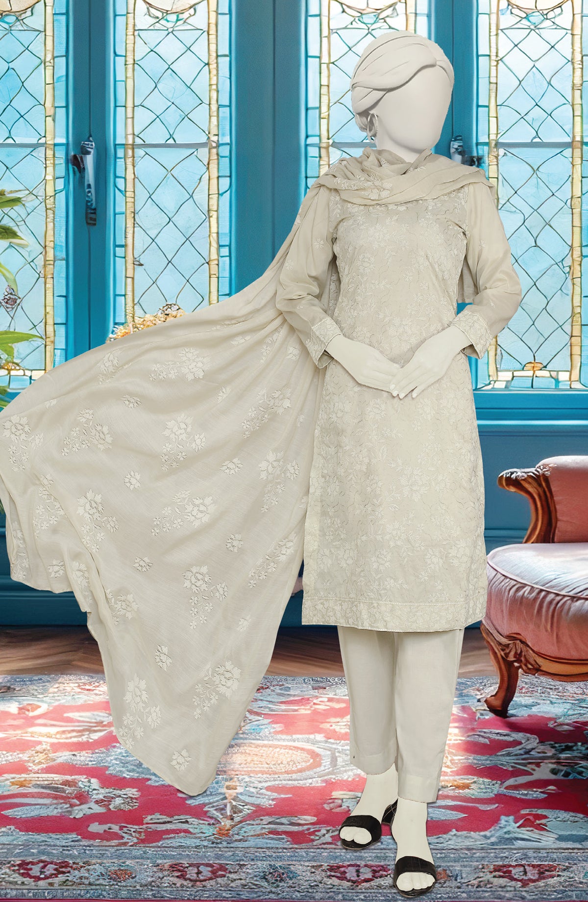 Al Karim Embroidered Lawn Unstitched 3 Piece Suit - D-03 - AK26EMB - Light Grey - Summer Collection