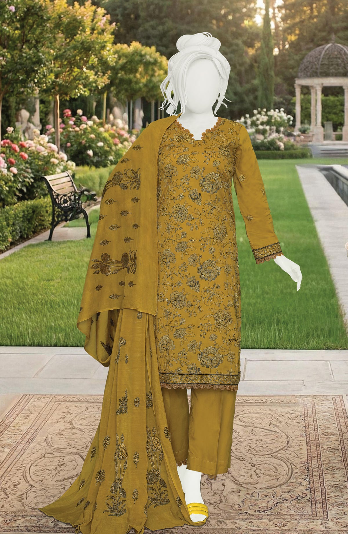 Al Karim Embroidered Lawn Unstitched 3 Piece Suit - D-03 - AK26FNL - Mustard - Summer Collection