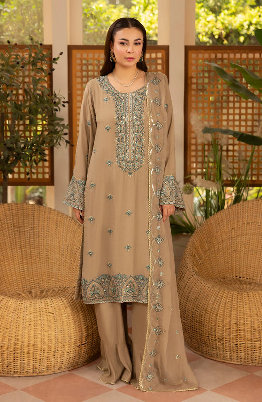 Al Karim Zaryab Embroidered Silk Karandi Unstitched 3 Piece Suit - KRS-295 - AK26YB - Beige - Winter Collection