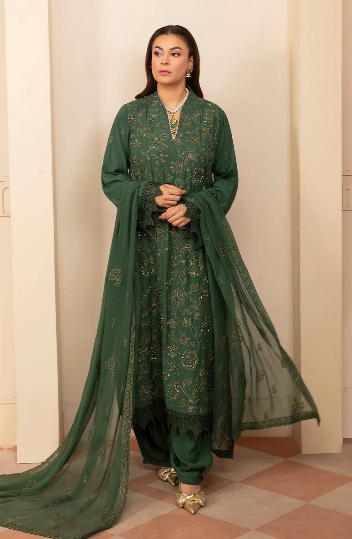 Al Karim Zaryab Embroidered Silk Karandi Unstitched 3 Piece Suit - KRS-298 - AK26YB - Green - Winter Collection
