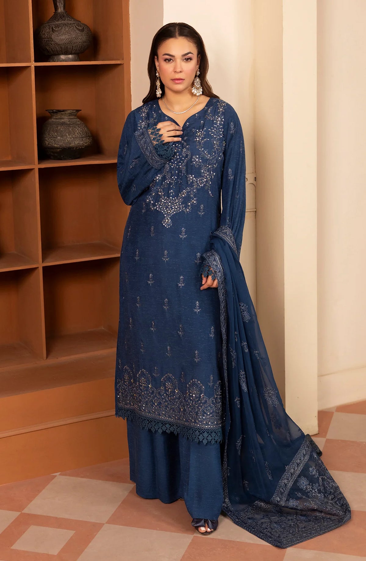 Al Karim Zaryab Embroidered Silk Karandi Unstitched 3 Piece Suit - KRS-299 - AK26YB - Blue - Winter Collection