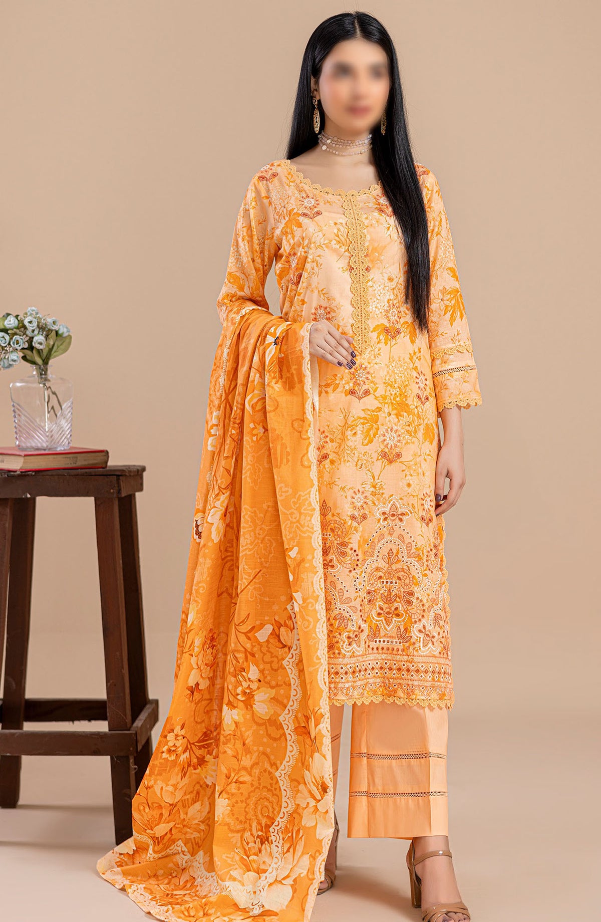 Aleen Embroidered Lawn Unstitched 3 Piece Suit - Design-06 - AK25ALN2 - Orange - Summer Collection