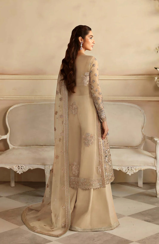 Aleia by Akbar Aslam Luxury Formals Embroidered Organza Unstitched 3 Piece Suit - Nacar - AKA25ALE - Fawn - Festive Collection