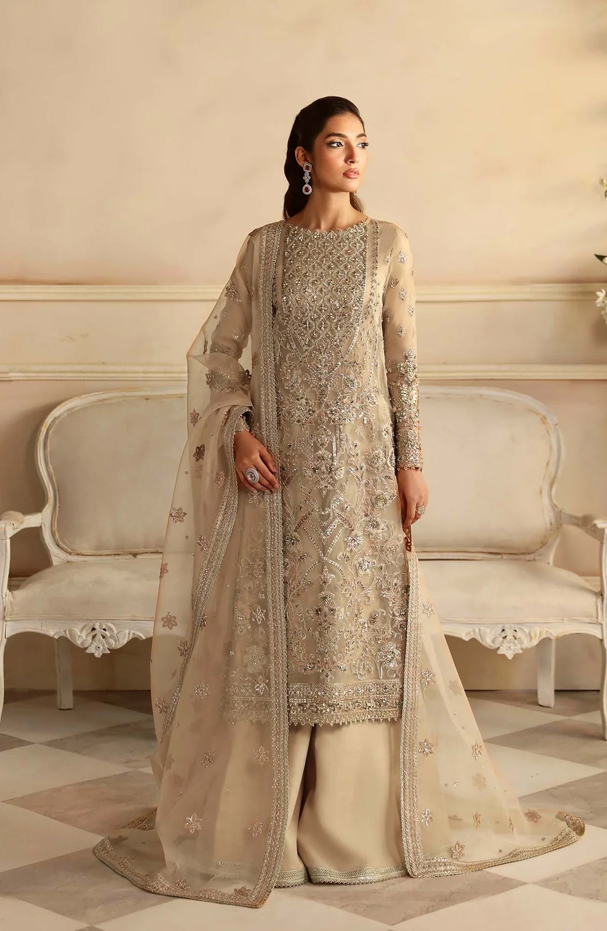 Aleia by Akbar Aslam Luxury Formals Embroidered Organza Unstitched 3 Piece Suit - Nacar - AKA25ALE - Fawn - Festive Collection