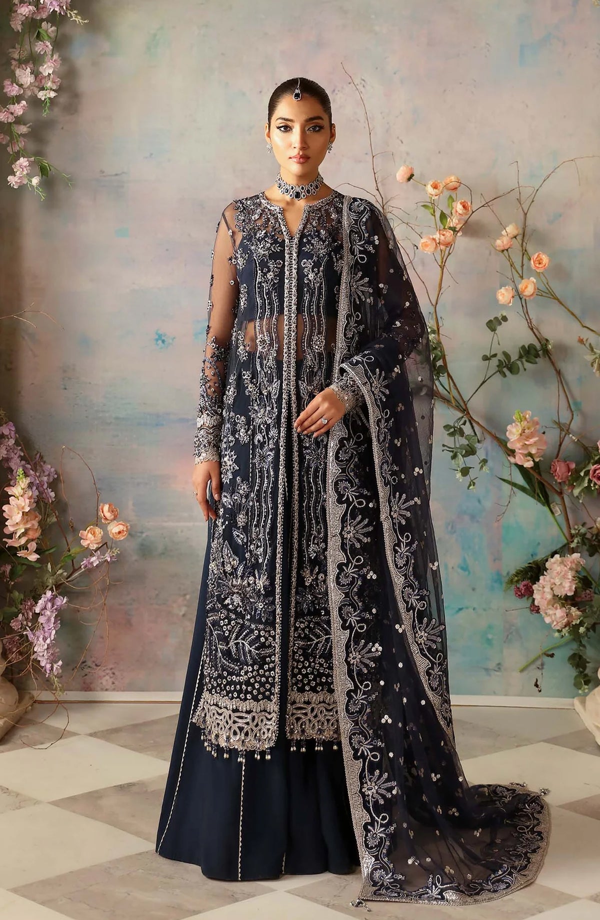 Aleia by Akbar Aslam Luxury Formals Embroidered Net Unstitched 3 Piece Suit - Azur - AKA25ALE - Blue - Festive Collection