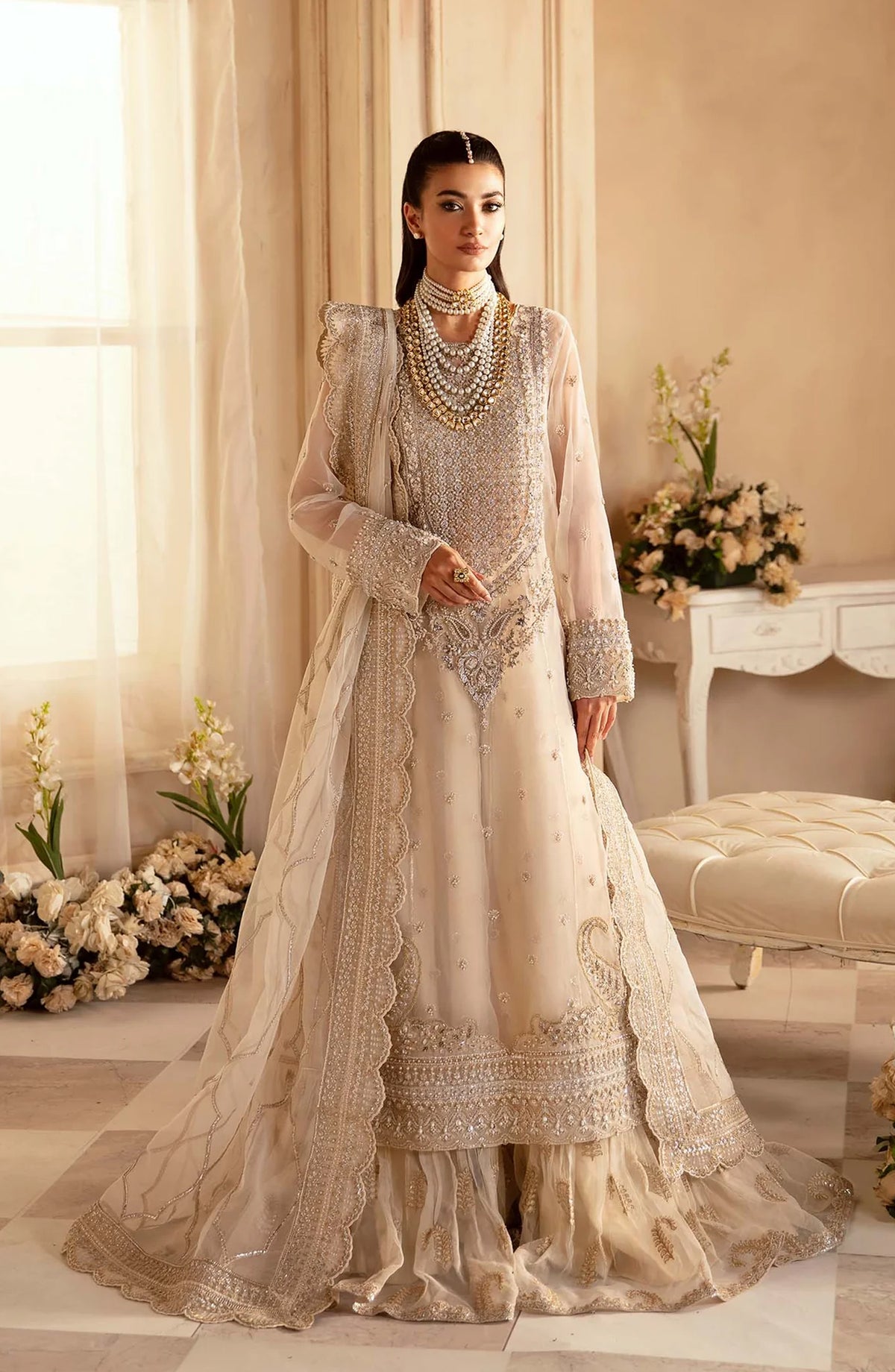 Aleia by Akbar Aslam Luxury Formals Embroidered Organza Unstitched 3 Piece Suit - Azucena - AKA25ALE - Fawn - Festive Collection