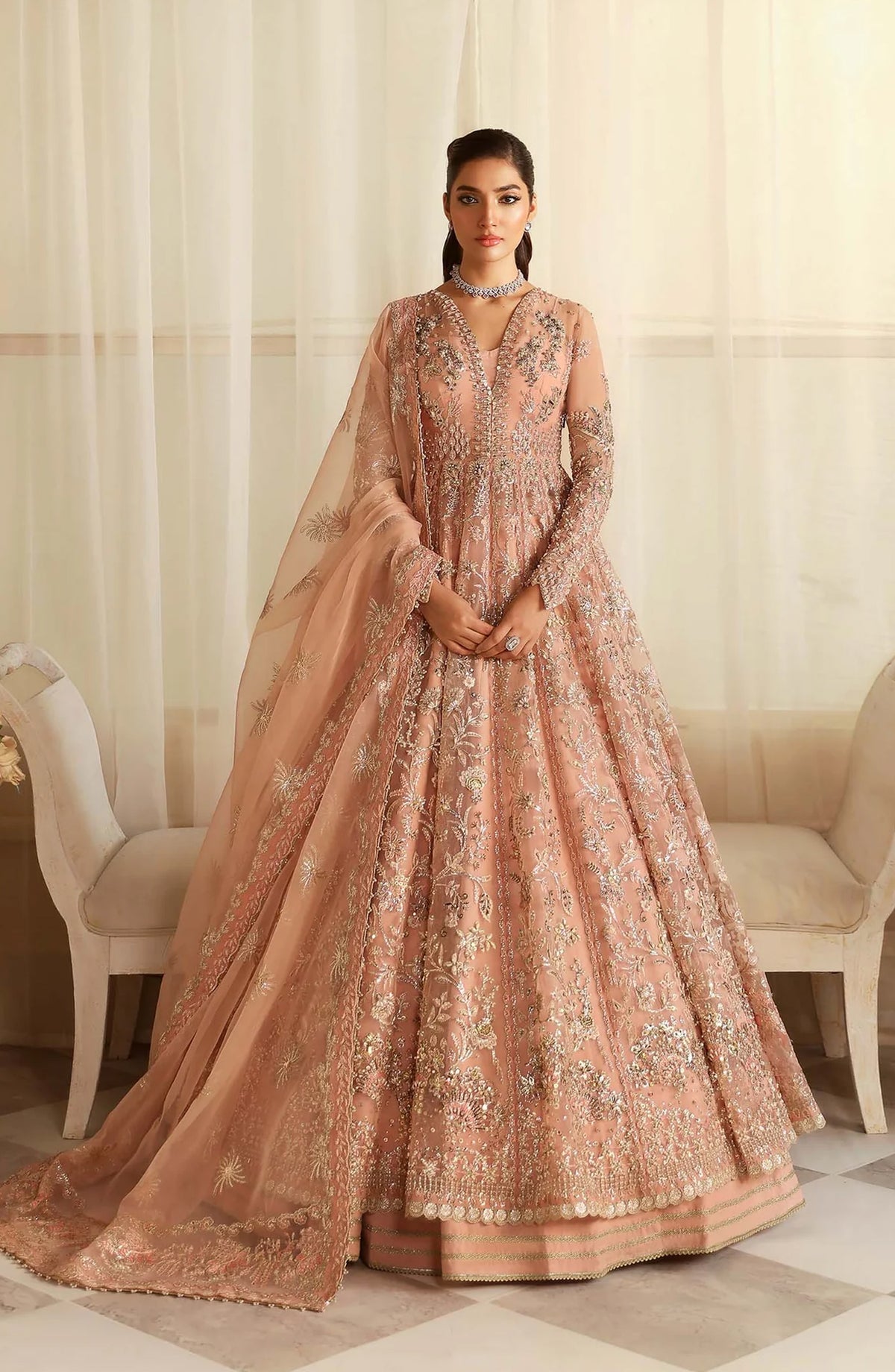 Aleia by Akbar Aslam Luxury Formals Embroidered Organza Unstitched 3 Piece Suit - Sueno - AKA25ALE - Peach - Festive Collection
