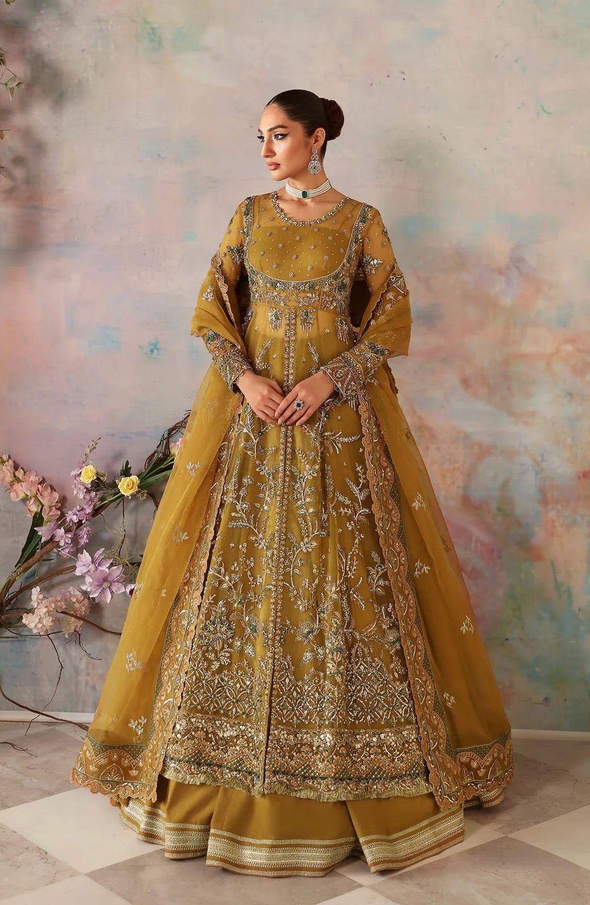 Aleia by Akbar Aslam Luxury Formals Embroidered Organza Unstitched 3 Piece Suit - Sierra - AKA25ALE - Mustard - Festive Collection