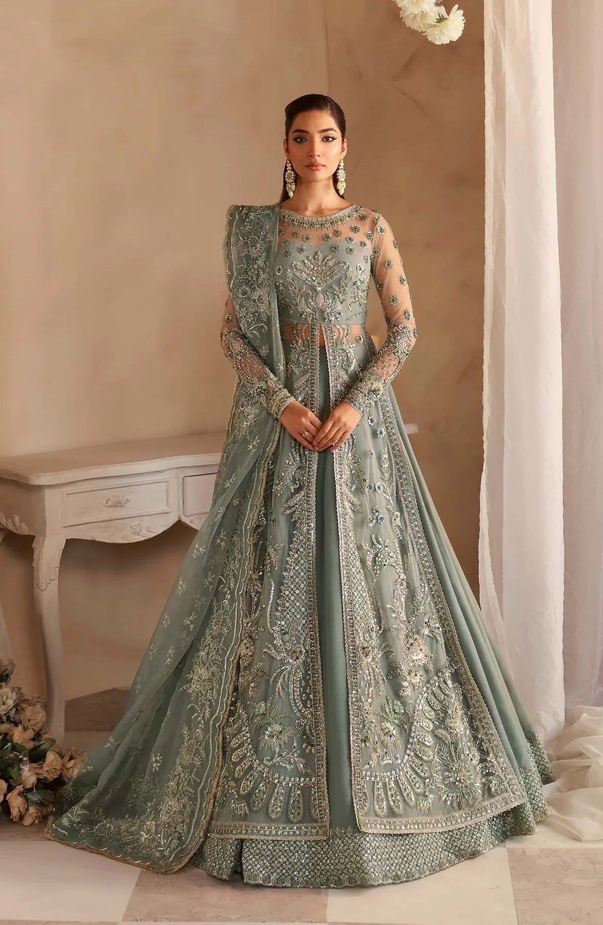 Aleia by Akbar Aslam Luxury Formals Embroidered Net Unstitched 3 Piece Suit - Noche - AKA25ALE - Blue - Festive Collection