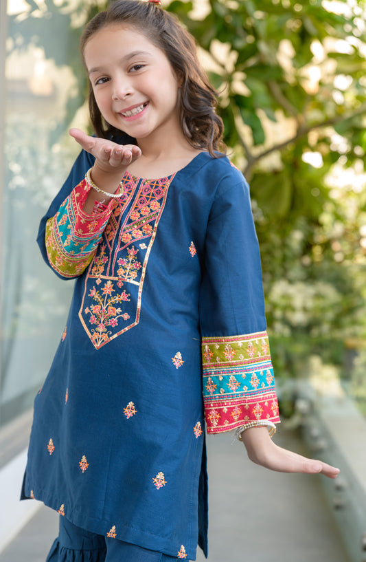 Fresh Birds Embroidered Cotton Lawn Stitched 2 Piece Suit - Alexa - FBR26FS - Dark blue - Festive Girls Collection
