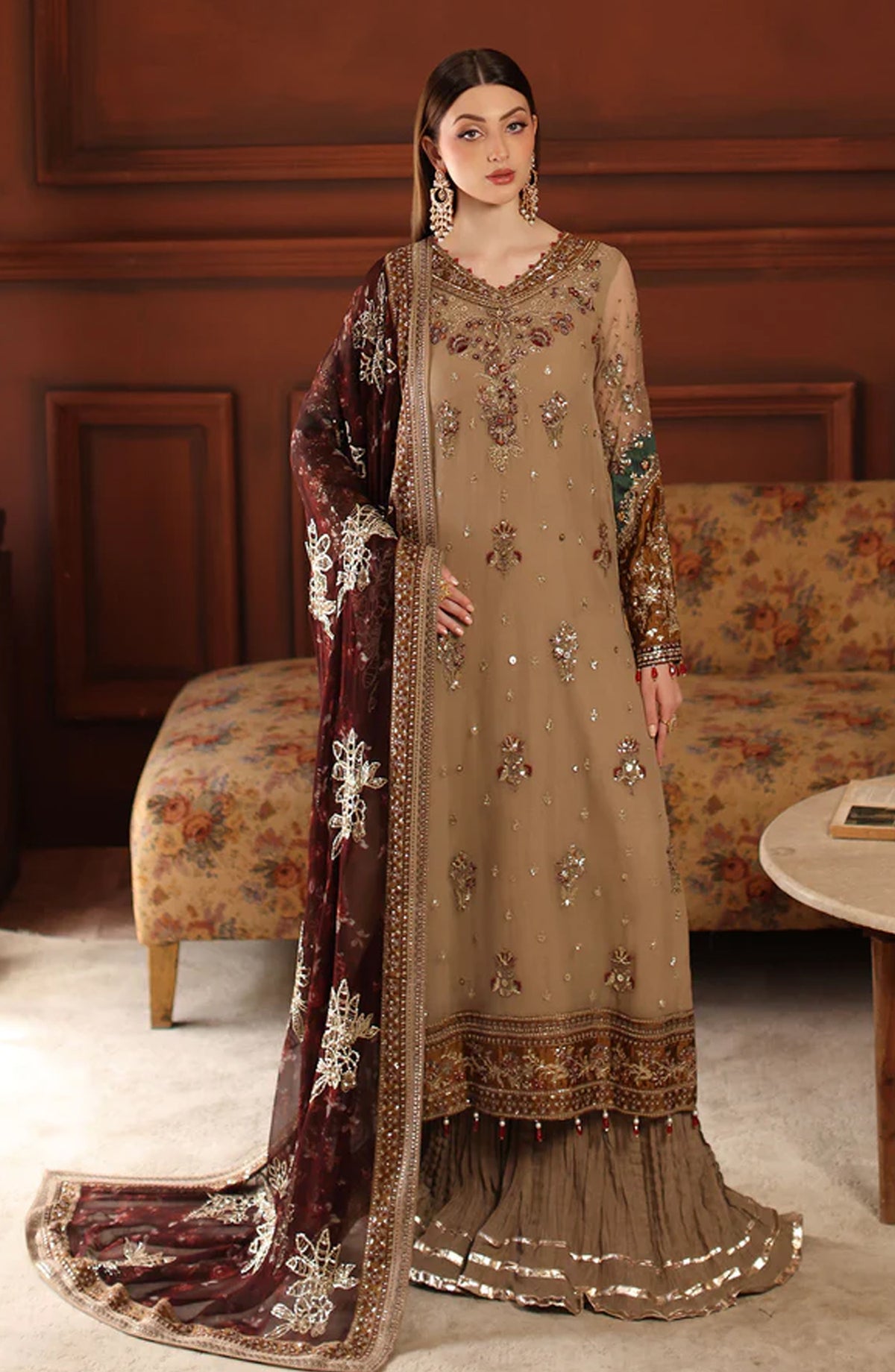 Alfaaz by Nureh Luxury Embroidered Chiffon Unstitched 3 Piece Suit - NL-91 - NU25AFZ - Beige - Festive Collection