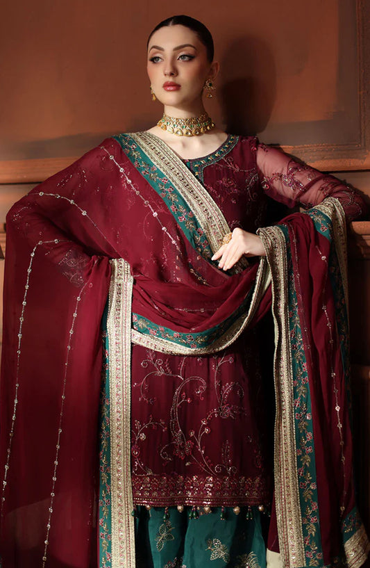 Alfaaz by Nureh Luxury Embroidered Chiffon Unstitched 3 Piece Suit - NL-90 - NU25AFZ - Maroon - Festive Collection