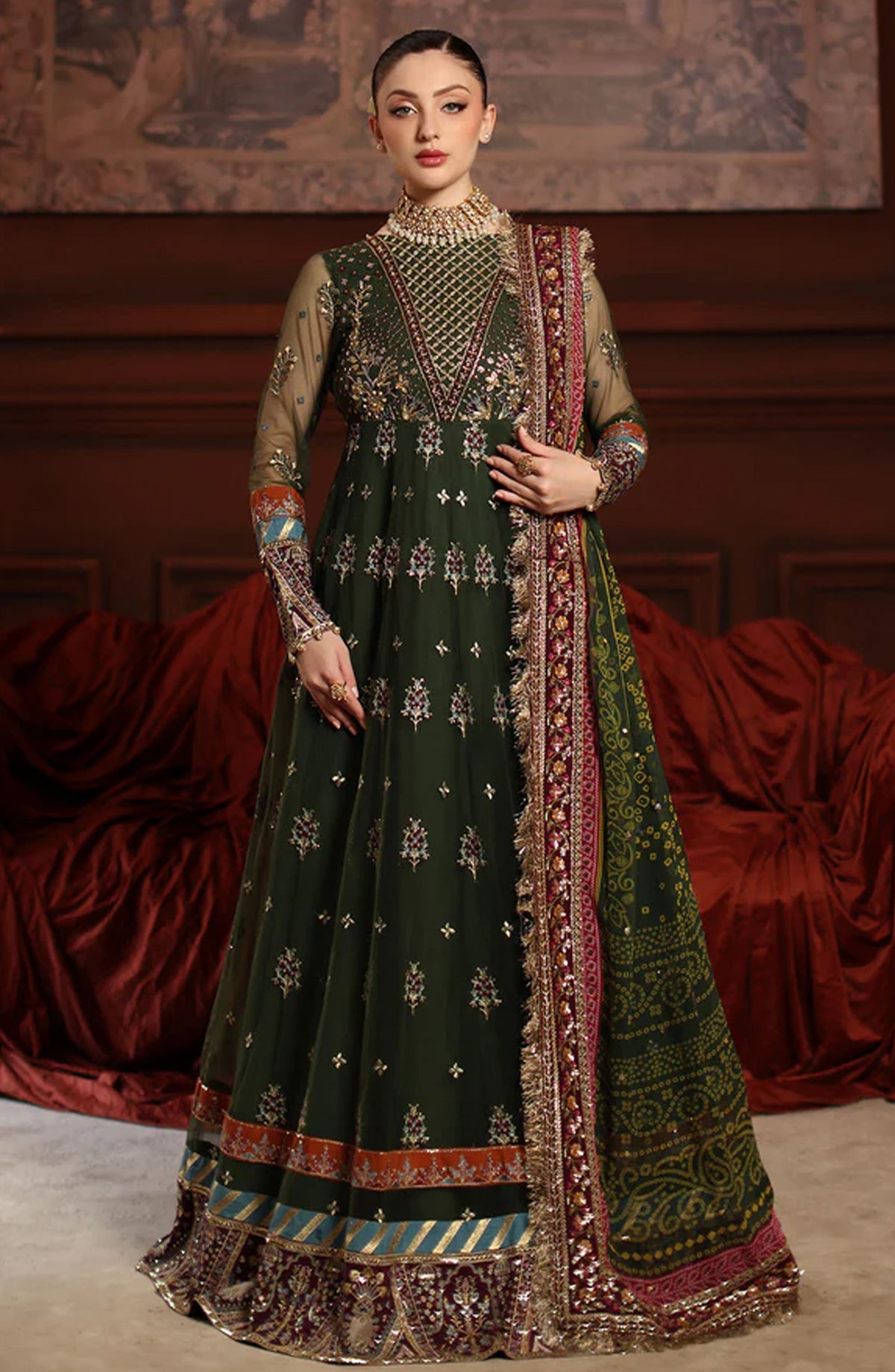 Alfaaz by Nureh Luxury Embroidered Chiffon Unstitched 3 Piece Suit - NL-89 - NU25AFZ - Green - Festive Collection
