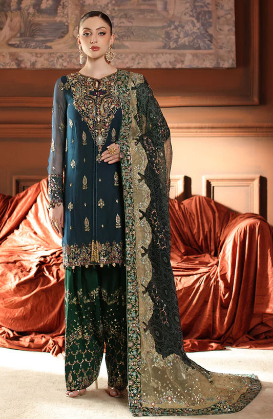 Alfaaz by Nureh Luxury Embroidered Chiffon Unstitched 3 Piece Suit - NL-88 - NU25AFZ - Teal - Festive Collection