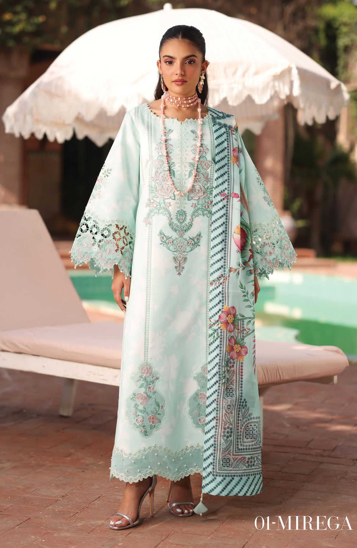 Alizeh Embroidered Lawn Unstitched 3 Piece Suit - ALZ25ELP - AF-EPL-7031-MIREGA - Blue - Eid Collection