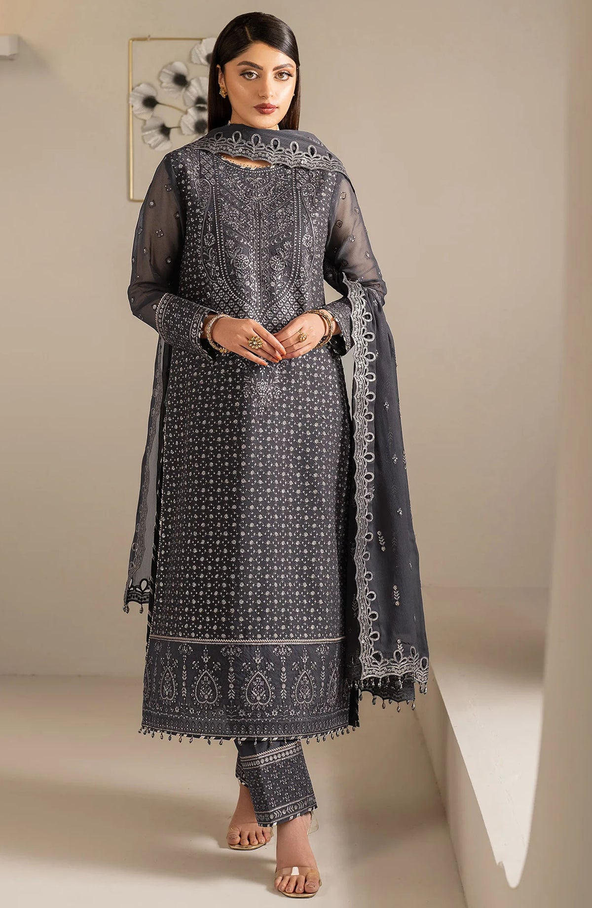 Alizeh Formals Embroidered Luxury Chiffon Unstitched 3 Piece Suit - ALZ25FR - AF-CH-2188 AKOYA - Black - Festive Collection