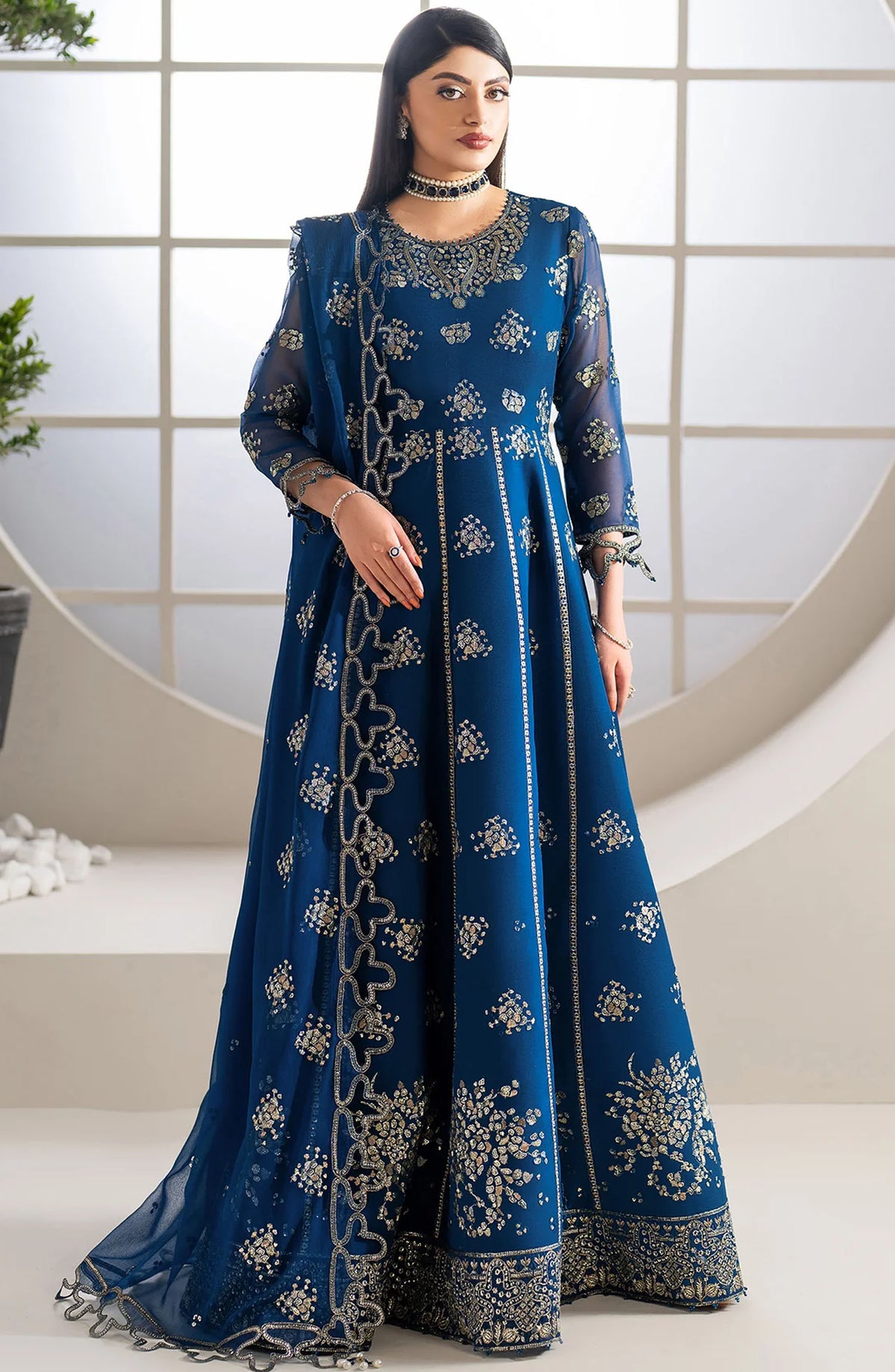 Alizeh Formals Embroidered Luxury Chiffon Unstitched 3 Piece Suit - ALZ25FR - AF-CH-2186 PERNIA - Blue - Festive Collection