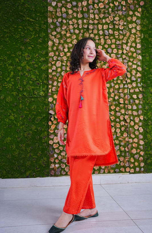 Aloo-Meeru-Hammi by Amna Khadija Embroidered Cotton Stitched 2 Piece Suit - AKAMH-05 - AM26AKAMH - Orange - Festive Girls Collection