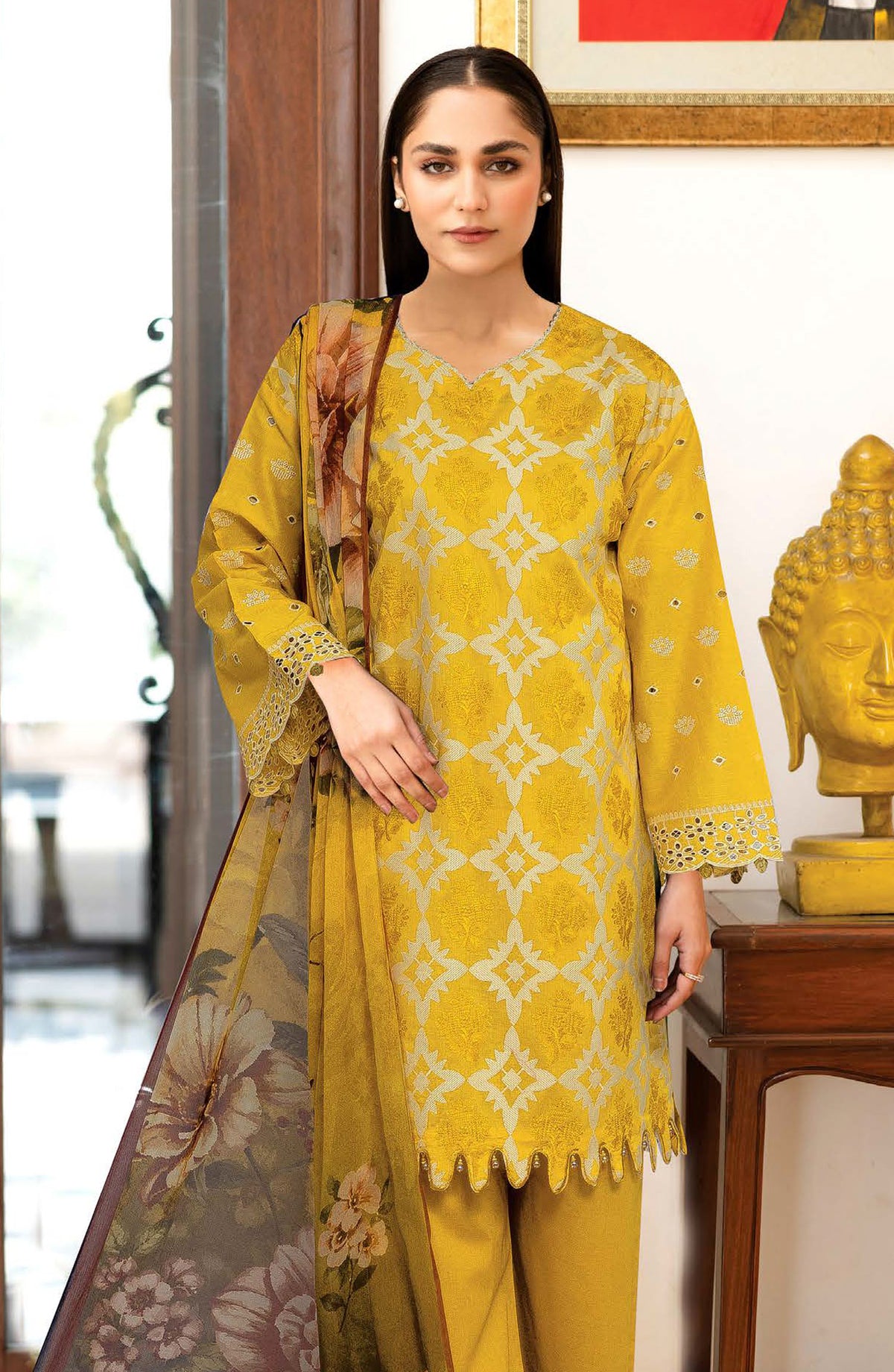 Alyana by Johra Embroidered Chikankari Lawn Unstitched 3 Piece Suit - JH-852 - JH25ALN - Mustard - Summer Collection