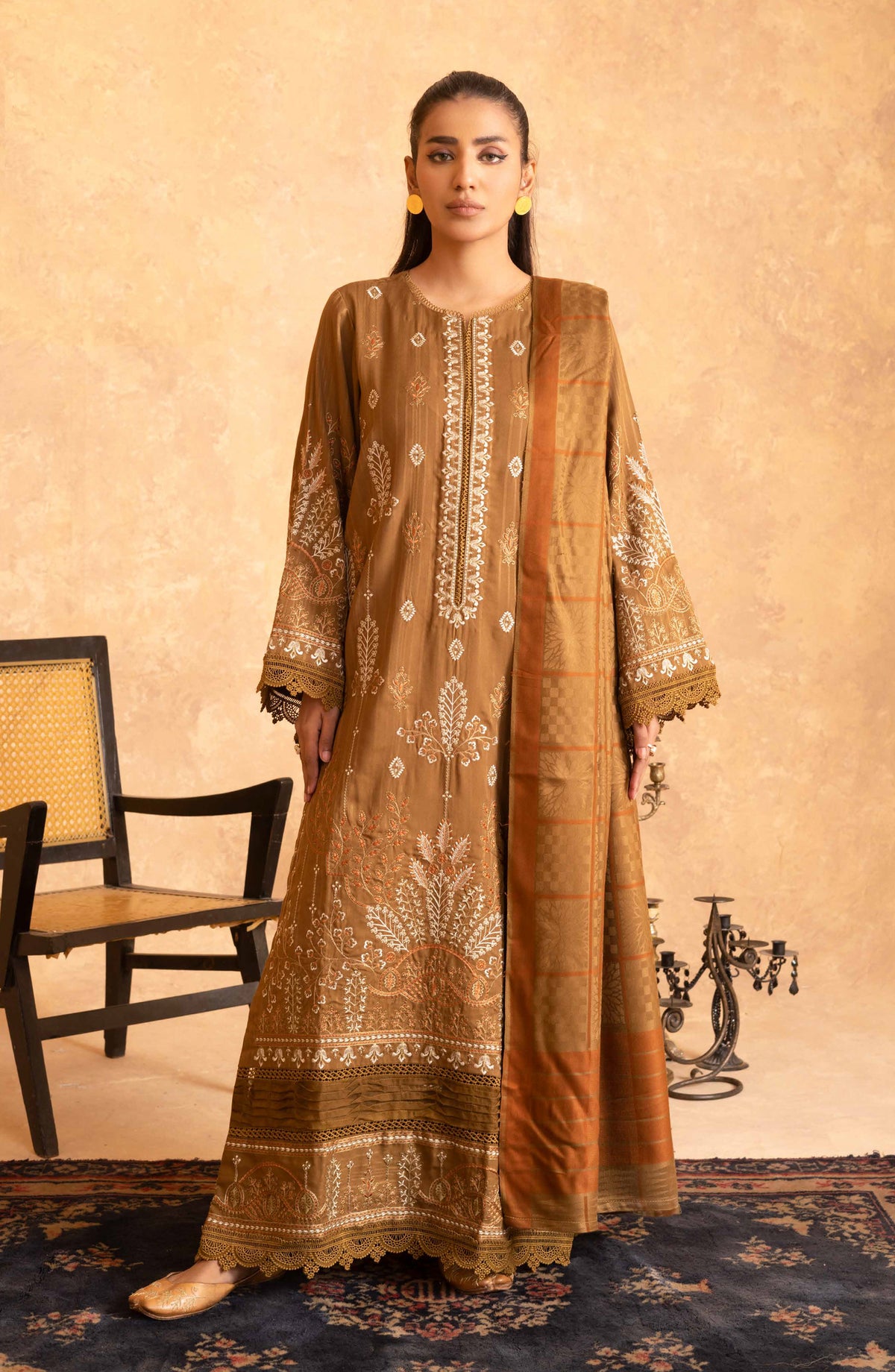 Amaaj by Johra Luxury Embroidered Unstitched 3 Piece Suit - JW-014 - JH25AMJ - Brown - Winter Collection
