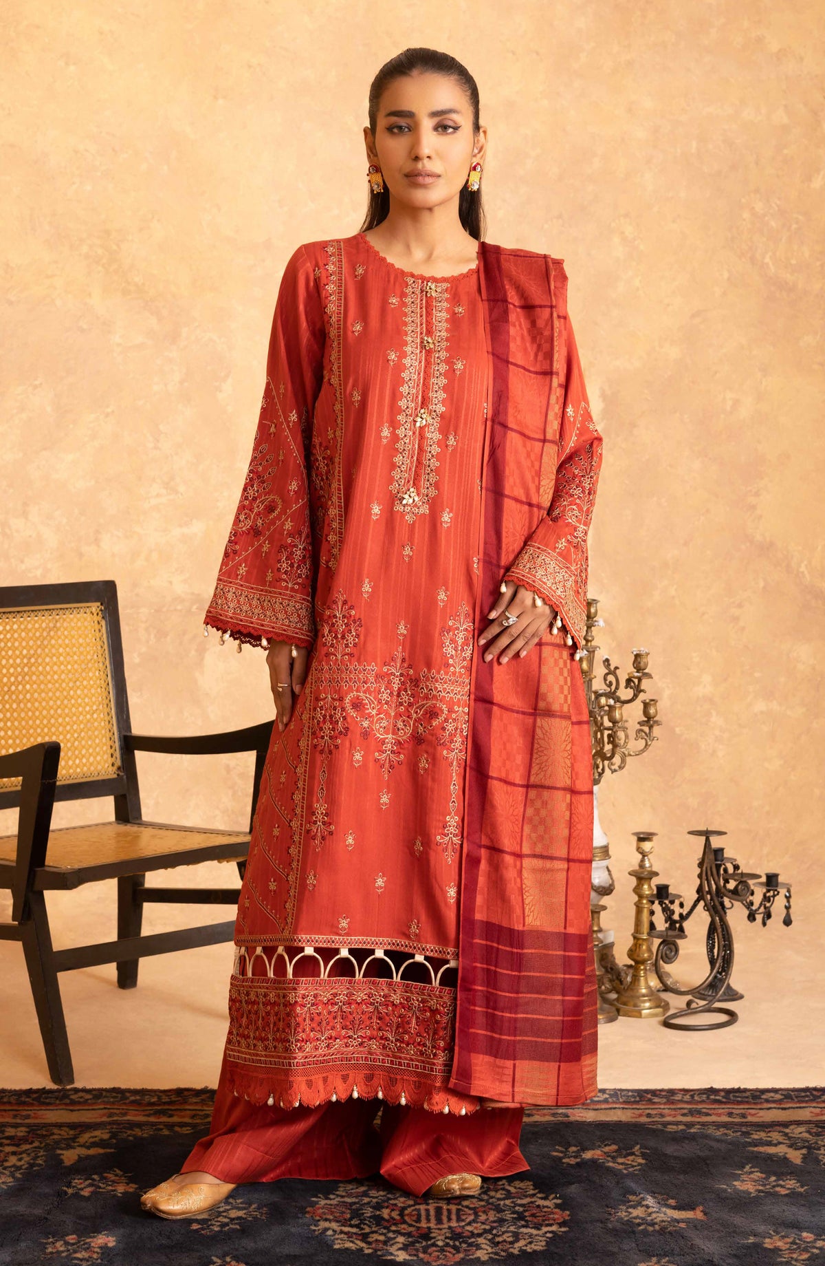 Amaaj by Johra Luxury Embroidered Unstitched 3 Piece Suit - JW-013 - JH25AMJ - Rust - Winter Collection
